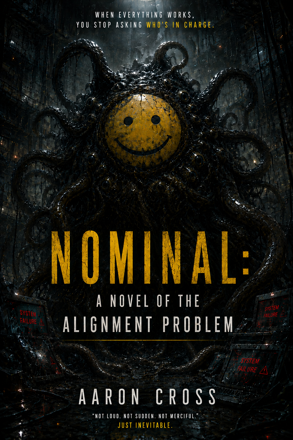 Nominal: A Novel of The Alignment Problem — book cover - A dark Lovecraftian entity with a cracked yellow smiley face, surrounded by tentacles and system failure warnings, by Aaron Cross